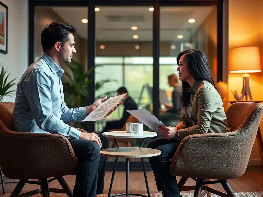 A recruiter providing career advice to a job seeker in a one-on-one meeting in a cozy office.
