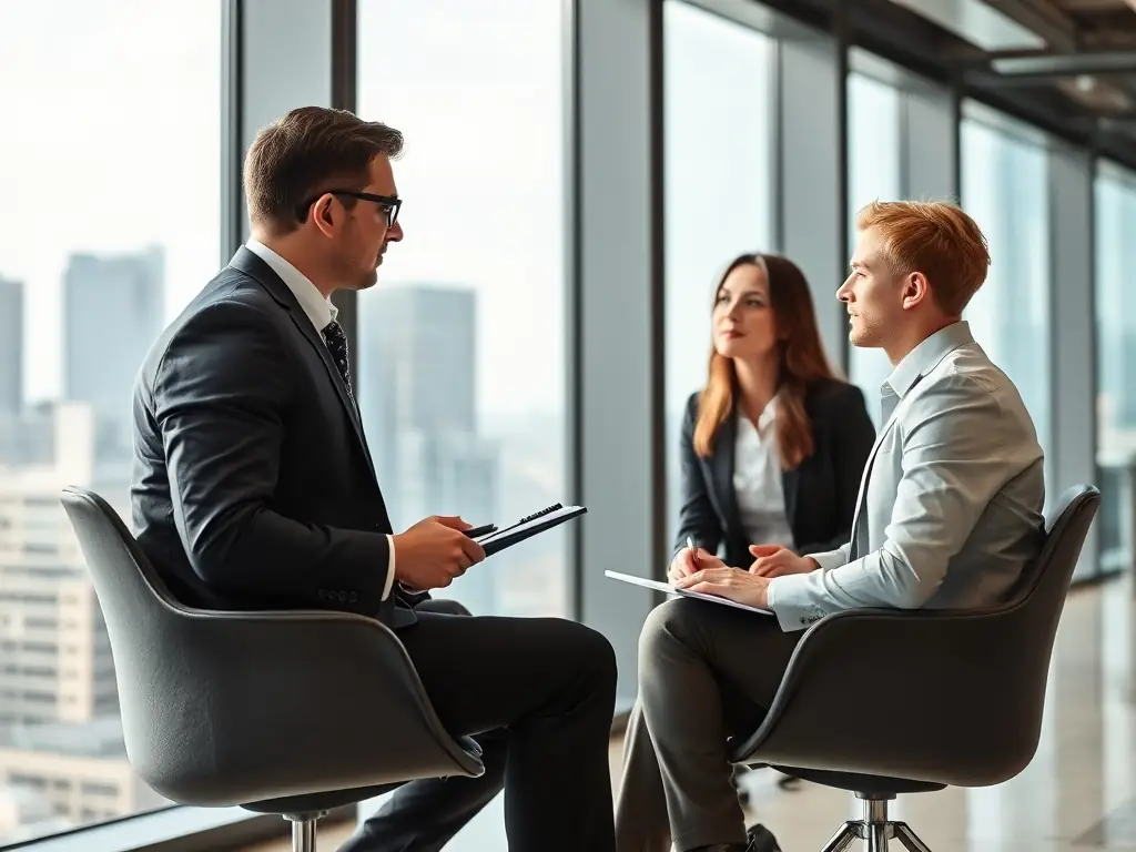 A professional recruiter conducting an interview with a candidate in a modern office setting.