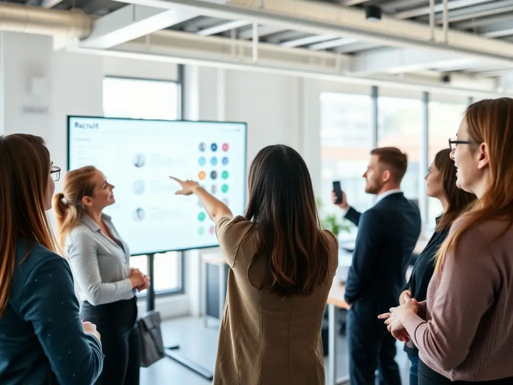 A team of recruiters discussing candidate profiles in a collaborative workspace.
